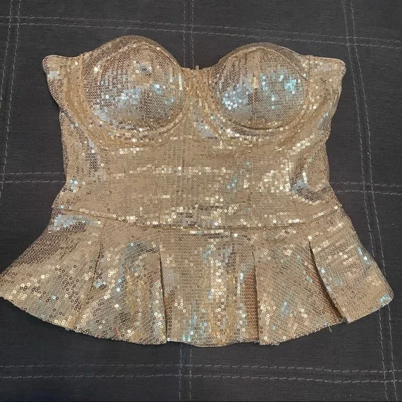 Bebe Gold Sequin Sparkly Strapless Peplum Top NWOT - Picture 7 of 15
